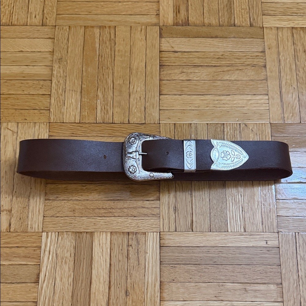 Brown Faux Leather Belt with Silver Western Buckle